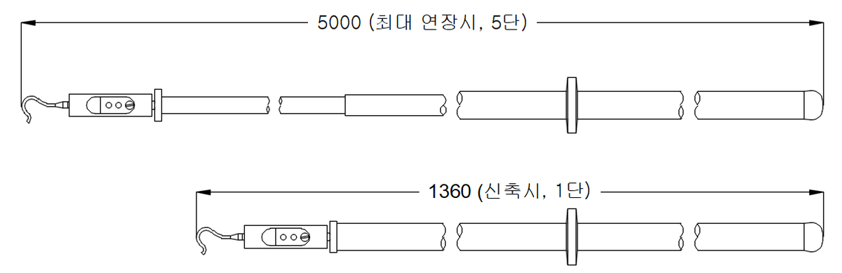 ADV-80DS 치수 도면: 최대 연장 5000mm 5단, 신축 시 1360mm 1단